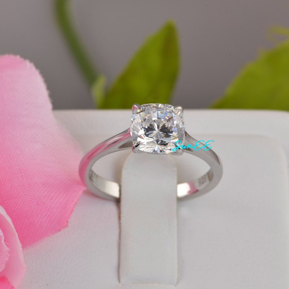 3.0CT NEW 925 STERLING SILVER CUSHION CUT WEDDING ENGAGEMENT DIAMOND RING - Picture 4 of 10